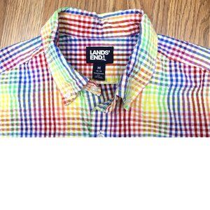 LANDS' END SEERSUCKER REGULAR FIT SHIRT 100% COTTON PLAID Sz MEDIUM, M